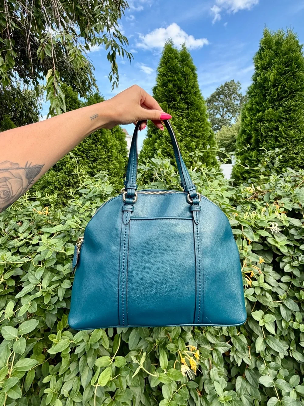Coach Peyton Teal Blue Leather Satchel Shoulder Bag Dome Purse